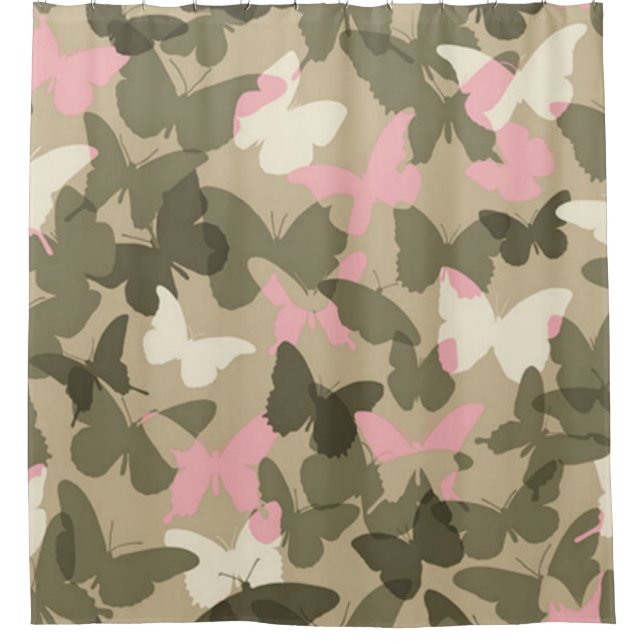 "PINK, WHITE & GREEN BUTTERFLY CAMO" SHOWER CURTAIN (Front)