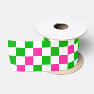 Pink White Green Chequered Design Satin Ribbon