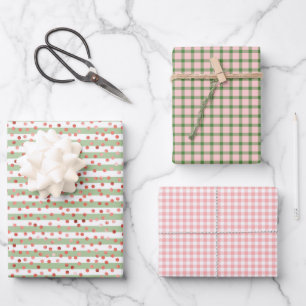 Pink White Green Plaid Stripes Girls Birthday Wrapping Paper Sheet