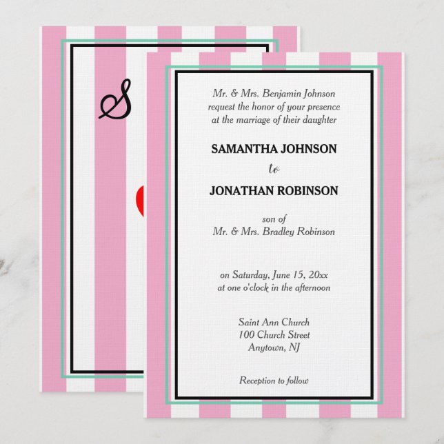Pink White Green Stripes Wedding Monogram Invitation (Front/Back)