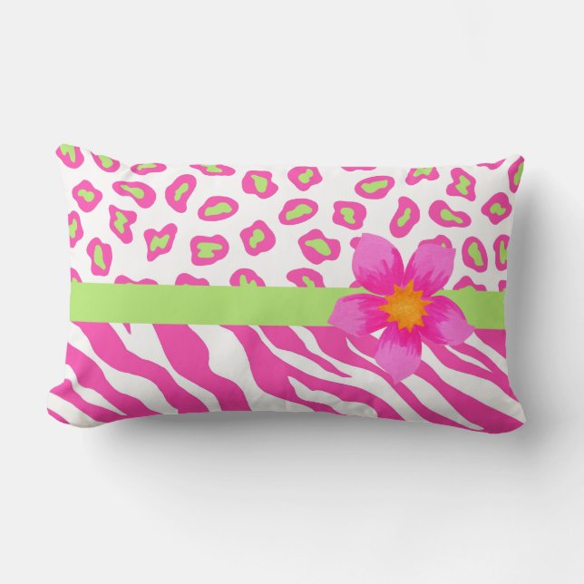 Pink, White & Green Zebra & Cheetah & Pink Flower Lumbar Cushion (Front)