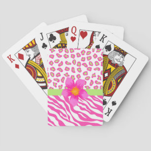 Pink, White & Green Zebra & Cheetah & Pink Flower Playing Cards