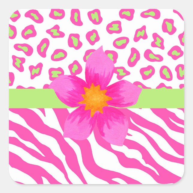 Pink, White & Green Zebra & Cheetah & Pink Flower Square Sticker (Front)