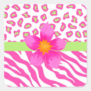 Pink, White & Green Zebra & Cheetah & Pink Flower Square Sticker