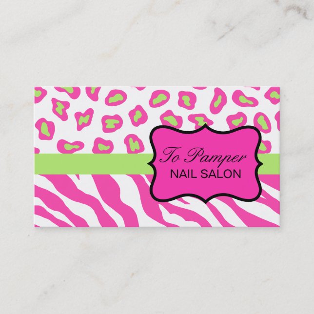 Pink, White & Green Zebra & Cheetah Skin Custom Business Card (Front)