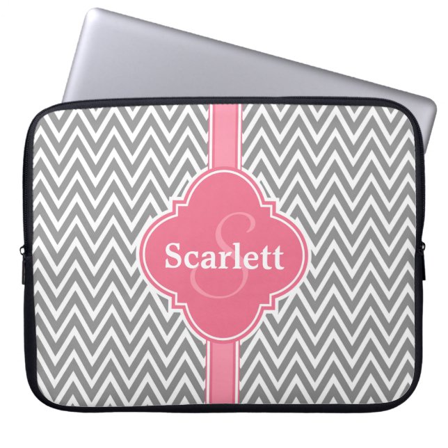 Pink White Grey Chevron Pattern and Monogram Laptop Sleeve (Front)