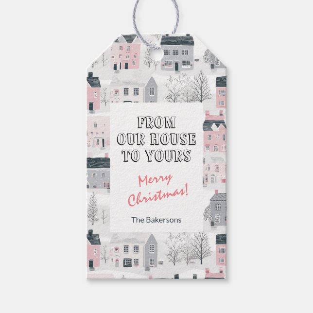 Pink White Grey Christmas Gift Tag (Front)