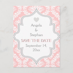 Pink, white, grey damask wedding Save the Date Announcement Postcard
