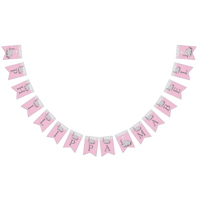 Pink, White Grey 🐘 Elephant Baby - Christening Bunting (All)
