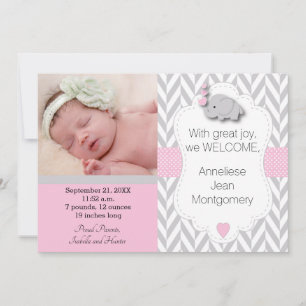 Pink, White, Grey Elephant 🐘 Baby Photo Announcement