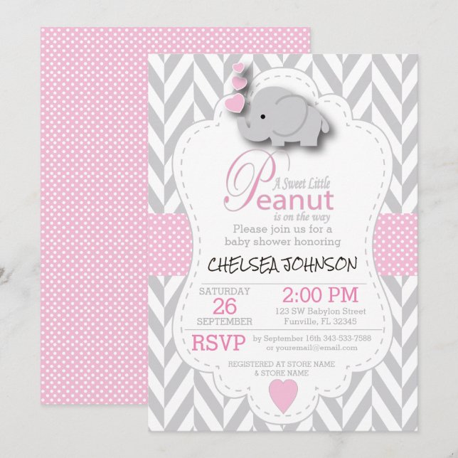 Pink, White Grey Elephant 🐘 Baby Shower 2 Invitation (Front/Back)