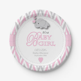 Pink, White Grey Elephant Baby Shower 2 Paper Plate