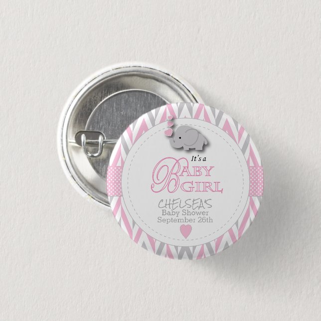 Pink, White Grey Elephant Baby Shower 3 Cm Round Badge (Front & Back)