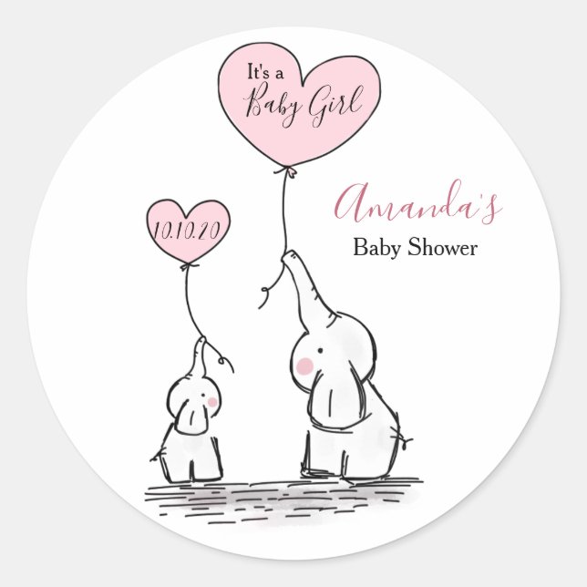 Pink, White Grey Elephant Baby Shower Classic Round Sticker (Front)