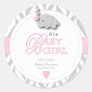 Pink, White Grey Elephant Baby Shower Classic Round Sticker