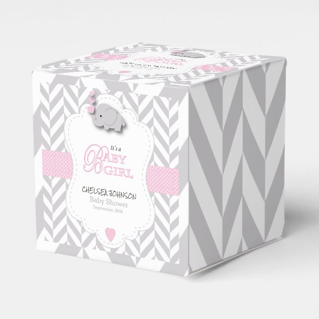 Pink, White Grey Elephant Baby Shower Favour Box (Front Side)