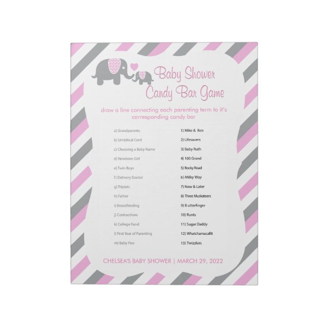 Pink, White & Grey Elephant Baby Shower - Game 2 Notepad (Rotated)
