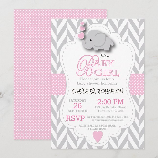 Pink, White Grey Elephant 🐘 Baby Shower Invitation (Front/Back)