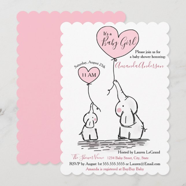 Pink, White Grey Elephant Baby Shower Invitation (Front/Back)