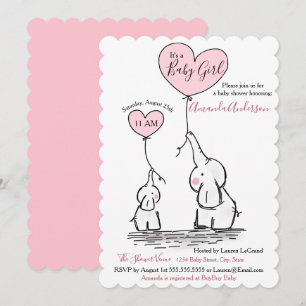 Pink, White Grey Elephant Baby Shower Invitation