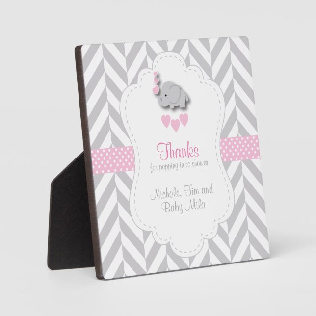 Pink, White Grey Elephant Baby Shower Plaque (Front)