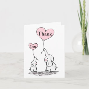 Pink, White Grey Elephant Baby Shower Thank You Card