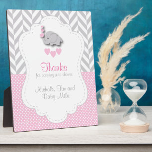 Pink, White Grey Elephant Baby Shower Thank You Plaque