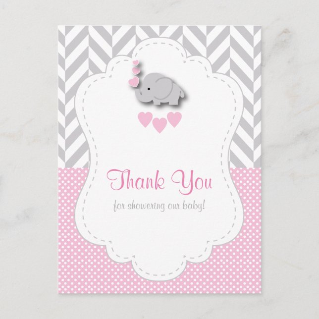 Pink, White Grey Elephant Baby Shower Thank You Postcard (Front)