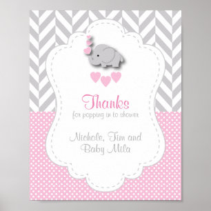 Pink, White Grey Elephant Baby Shower Thank You Poster