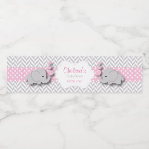 Pink, White Grey Elephant Baby Shower Water Bottle Label