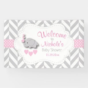 Pink, White Grey Elephant Baby Shower Welcome Banner
