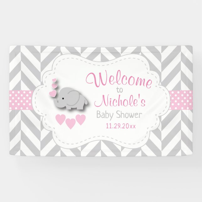 Pink, White Grey Elephant Baby Shower Welcome Banner (Horizontal)
