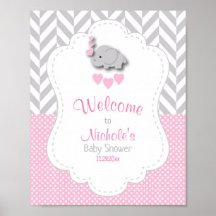 Pink, White Grey Elephant Baby Shower Welcome Poster