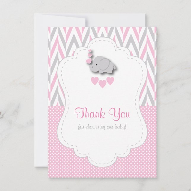 Pink, White Grey Elephant Thank You 2 Card (Front)