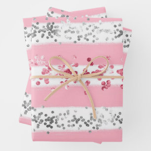 Pink White Grey Glitter Birthday Baby Shower Wrapping Paper Sheet