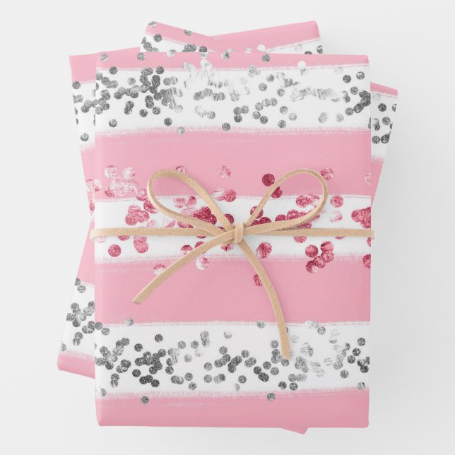  Pink White Grey Glitter Birthday Baby Shower Wrapping Paper Sheet (In situ)