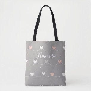 Pink White Grey Heart Canvas Tote Bag