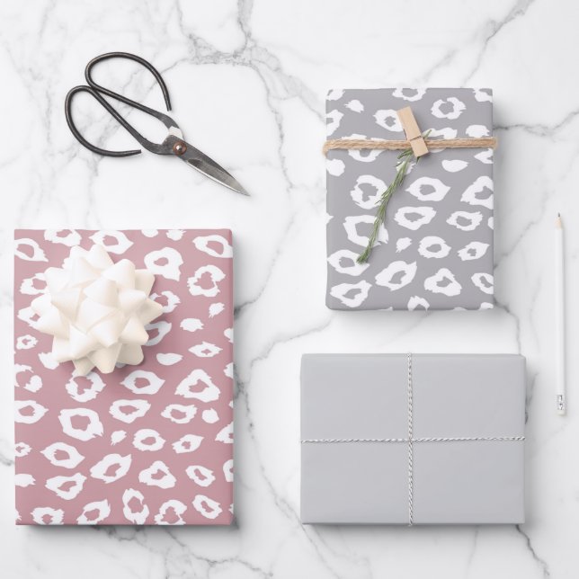 Pink White Grey Leopard Birthday Wrapping Paper Sheet (Front)