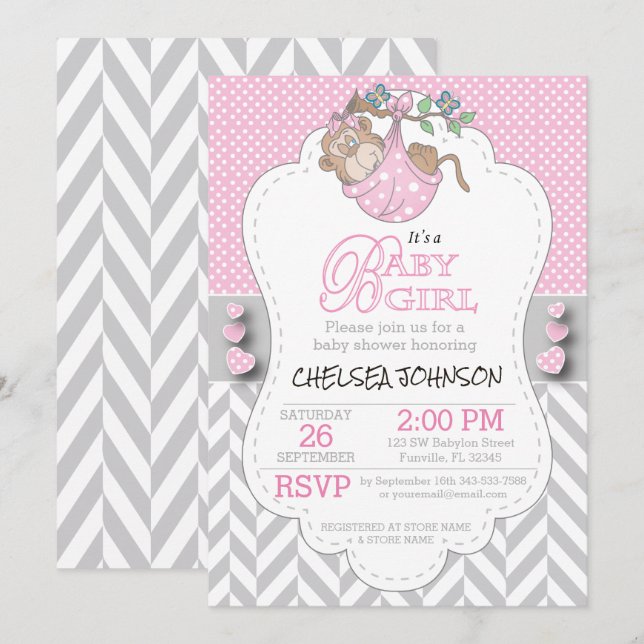 Pink, White Grey Monkey Baby Shower Invitation (Front/Back)