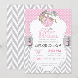 Pink, White Grey Monkey Baby Shower Invitation