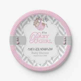 Pink, White Grey Monkey Baby Shower Paper Plate