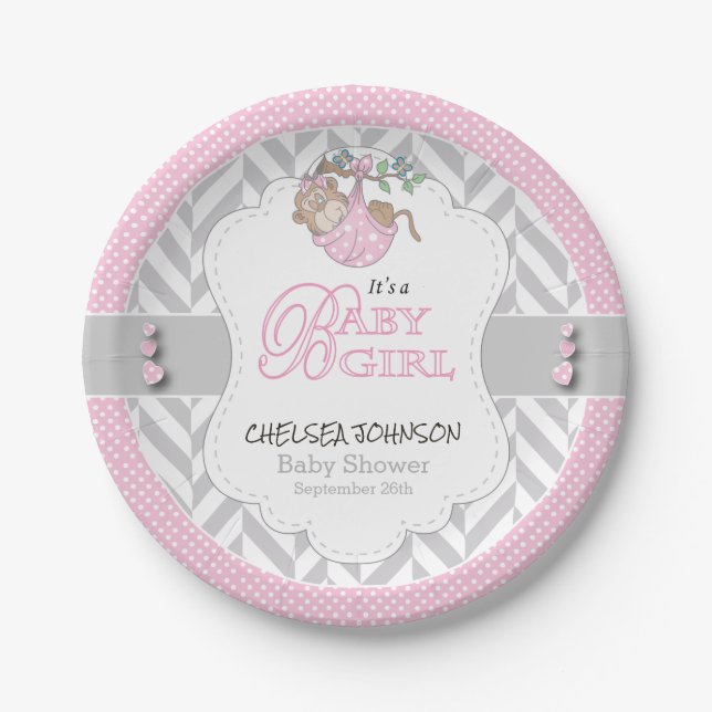 Pink, White Grey Monkey Baby Shower Paper Plate (Front)