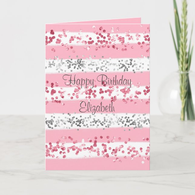 Pink White Grey Silver Glitter Birthday Card (Front)