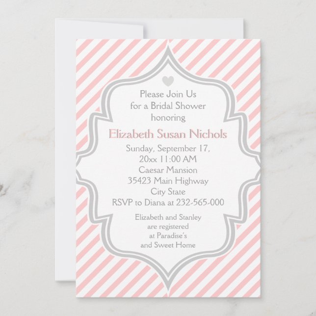 Pink, white, grey stripes wedding bridal shower invitation (Front)