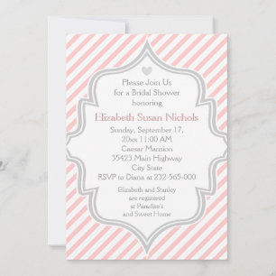 Pink, white, grey stripes wedding bridal shower invitation