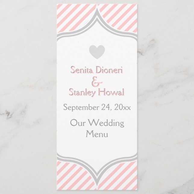 Pink, white, grey stripes wedding menu card (Front)