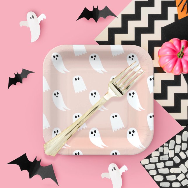 Pink & White Halloween Ghost & Pattern Paper Plate (Pink & White Halloween Ghost & Pattern Paper Paper Plates)