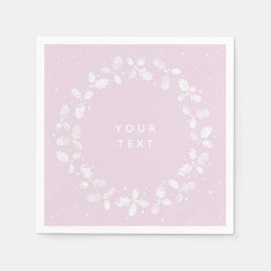 Pink + White Hand Printed Holly Wreath Christmas Napkin