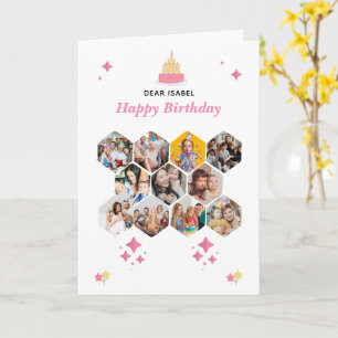 Pink & White Happy Birthday Photo Collage Portrait Card