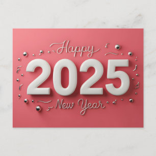 Pink white happy new year 2025 holiday postcard